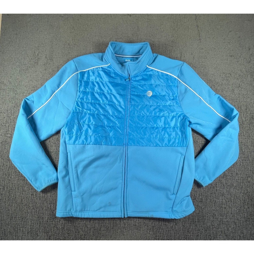 AT&T Mens Large Blue Hybrid Quilted Puffer Softshell Fleece Lined Jacket Zip